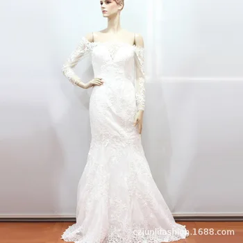 2020 Real Full Vestido Cocktail New Wedding Dress, A Word Shoulder Long-sleeved Dew Dresses French Contracted Sen Is The Tail 
2020 Real Full Vestido Cocktail New Wedding Dress, A Word Shoulder Long-sleeved Dew Dresses French Contracted Sen Is The Tail