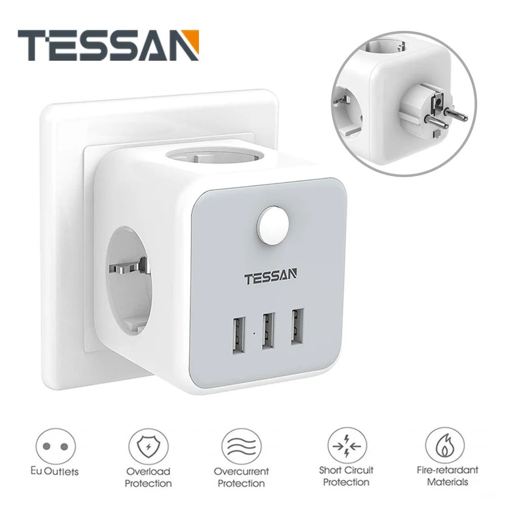 Настенная розетка TESSAN 6 в 1 Евророзетка с 3 розетками переменного тока + USB-портами