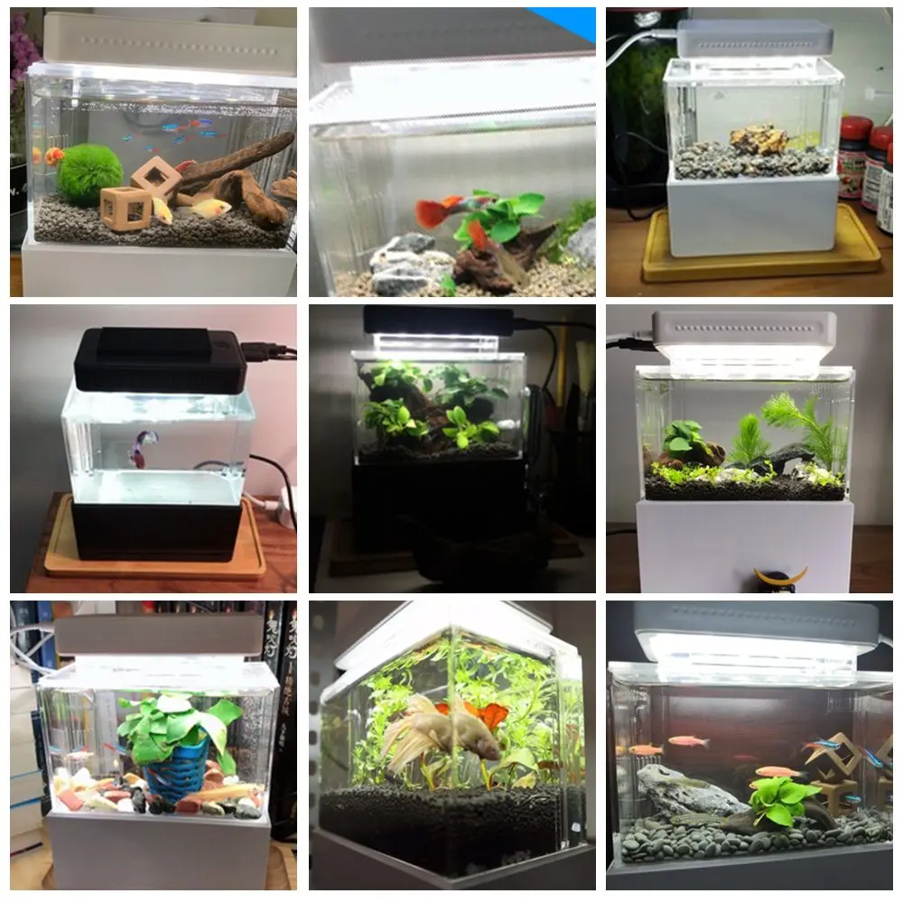 Mini Aquarium Fish Tank USB Aquarium With LED Lamp Light LCD Display Screen and Clock Fish Tank Aquarium Fish Tanks Black White
