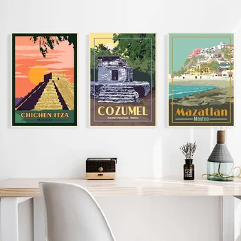 

Mexico Chichen Itza,Cozumel Yucatan Peninsula and Mexico Vintage Travel Canvas Poster No FRAME