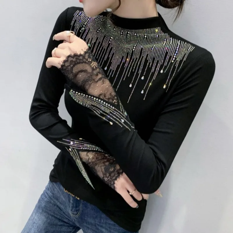 

#8179 Spring 2023 Black Half High Collar Long Sleeve Spliced Lace Elastic Skinny T Shirt Women With Diamonds Sexy Korean Fashion