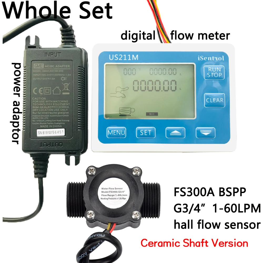 

US211M Digital Flow Meter Display Totalizer Flow Measurement with Nylon Water Flow Sensor FS300A G3/4" Turbine Flowmeter iSentro