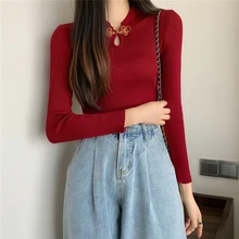 2022 Spring Winter Fashion Woman Solid Casual Chinese Style Knot TShirts Sexy Women's Slim Tees Bottom Knit Pullover Top NewYear 
2022 Spring Winter Fashion Woman Solid Casual Chinese Style Knot TShirts Sexy Women's Slim Tees Bottom Knit Pullover Top NewYear