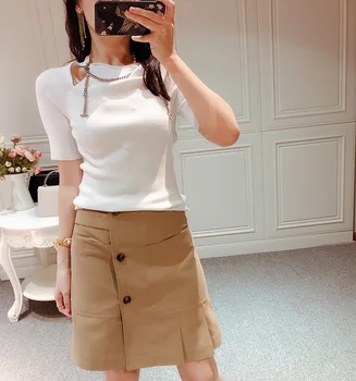 2020 New Women Short Sleeve knitwear Simple lady slim Chain O-neck Shoulder Hollow Out Sweater top Female Stripes pullover Tee
2020 New Women Short Sleeve knitwear Simple lady slim Chain O-neck Shoulder Hollow Out Sweater top Female Stripes pullover Tee