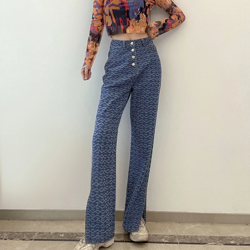 Retro Striped Printed Jeans Women High Street Personality Split Loose High-waist Straight Wide Leg Pants
Retro Striped Printed Jeans Women High Street Personality Split Loose High-waist Straight Wide Leg Pants