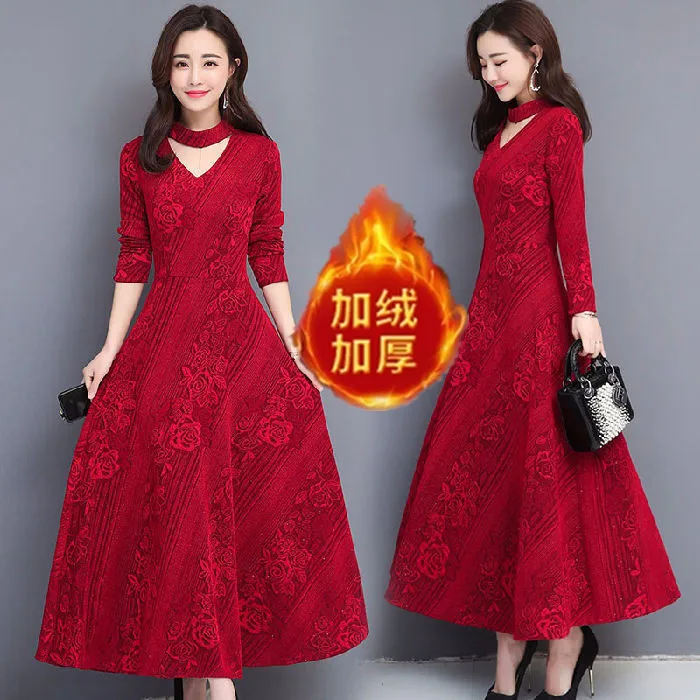 2019 Autumn And Winter New Style V-neck Knit Jacquard Dress Elegant Slim Fit Slimming plus Velvet Base Long Skirts
2019 Autumn And Winter New Style V-neck Knit Jacquard Dress Elegant Slim Fit Slimming plus Velvet Base Long Skirts