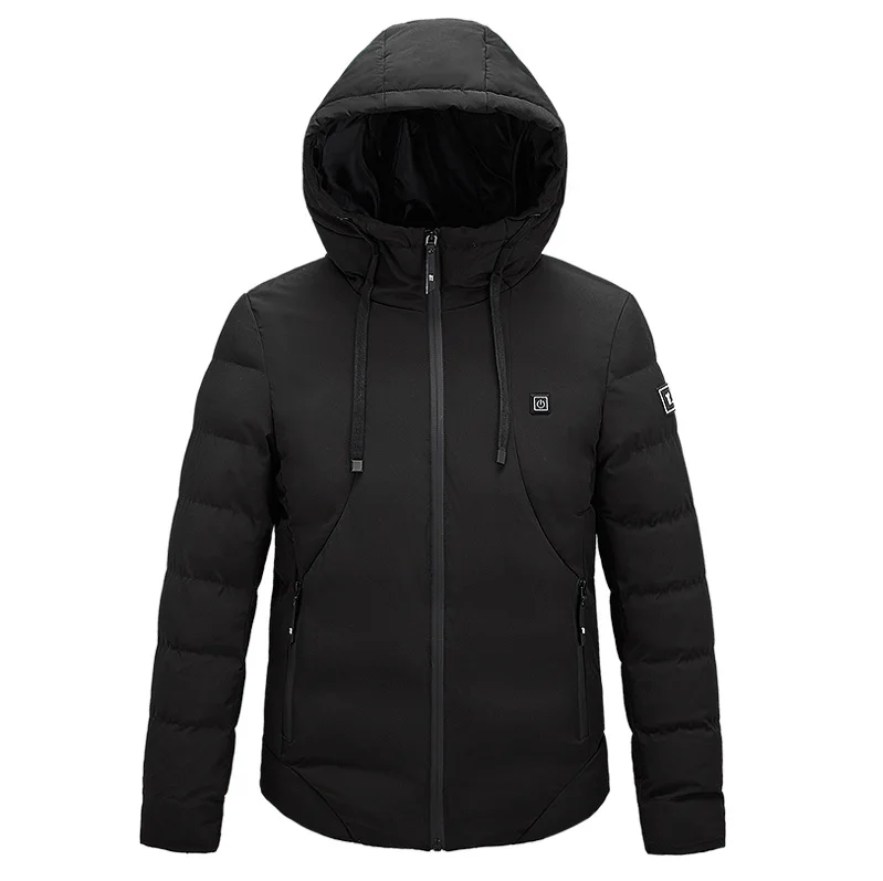 A black jacket with high-tech functionality and electric heating capabilities, waterproof & windproof