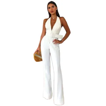 White jumpsuit women 2020 summer Europe and America new sexy v neck slim zipper long flare pants with belt feminina CX1130 
White jumpsuit women 2020 summer Europe and America new sexy v neck slim zipper long flare pants with belt feminina CX1130