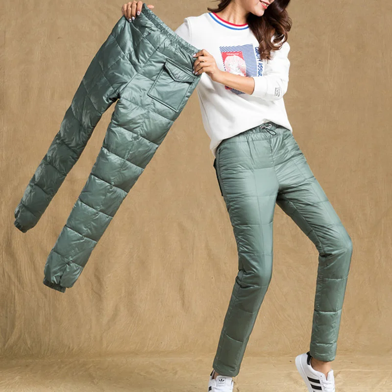 Теплые женские пуховые брюки спортивные зимние эластичные облегающие штаны с
