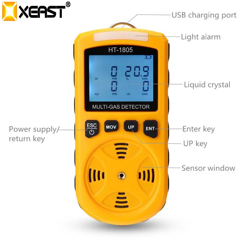 

2019 new HT-1805 4 in 1 Gas Detector Light Alarm H2s/CO/O2/LEL Gas Analyzer Monitor Toxic Gas and Harmful Gas Leak Detector