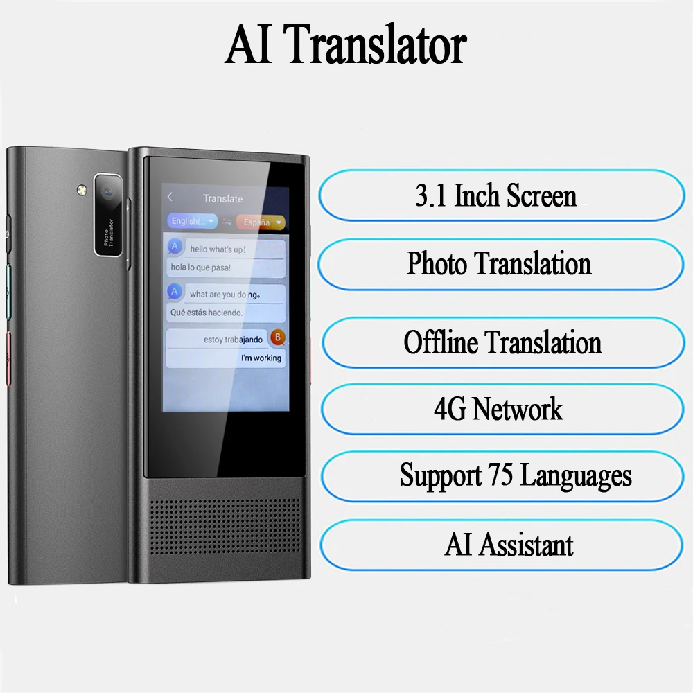 AI Translator Voice Photo Translation 4G WIFI Offline 117 language Portable Translation Machine 3.1 Inch by OOSSXX
AI Translator Voice Photo Translation 4G WIFI Offline 117 language Portable Translation Machine 3.1 Inch by OOSSXX