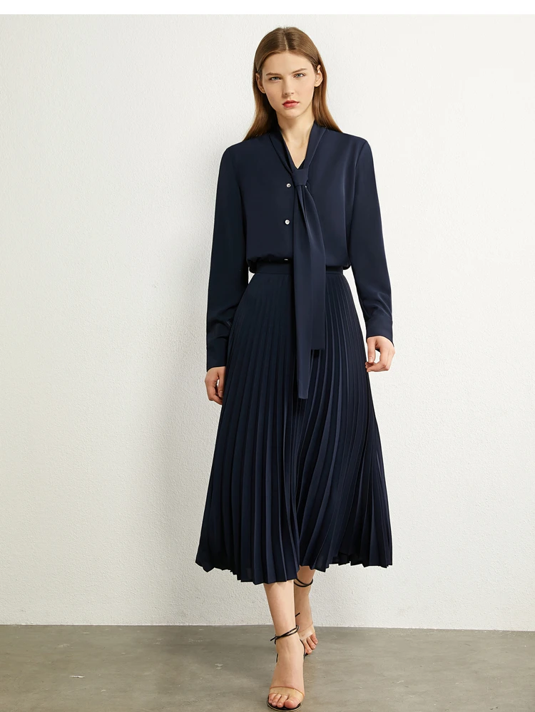 AMII Minimalism Autumn Olstyle Set Fashion Bow Neck Full Sleeve Loose Women Shirt High Waist Pleated Female Skirt 12040337