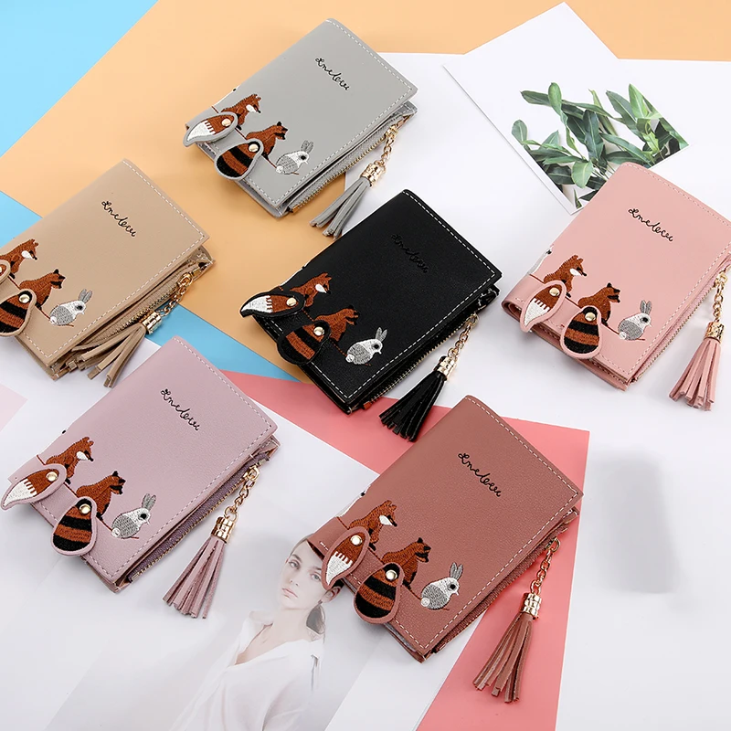 Small Fresh Ladies Embroidered Line Cute Cartoon Wallet Short Tassel Zipper 2 Fold Folding Card Package | Багаж и сумки
