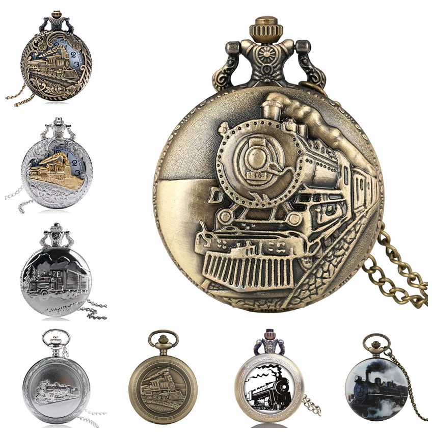 Кварцевые карманные часы в стиле стимпанк ретро с рисунком локомотива двигателя