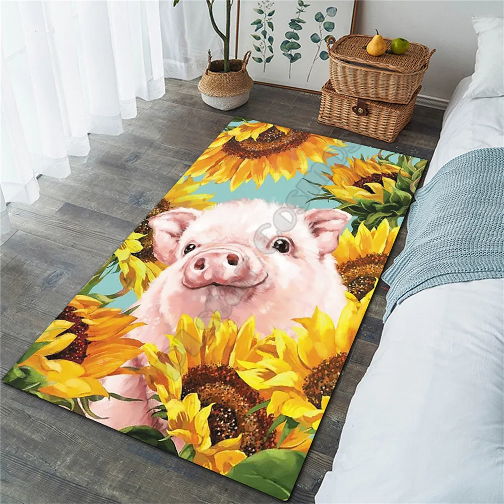 

Sunflower Pink Pig Area Rug 3D All Over Printed Non-slip Mat Dining Room Living Room Soft Bedroom Carpet 01
