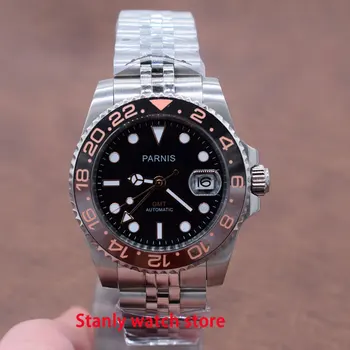 Sapphire crystal Parnis 40mm black dial luminous marks ceramic bezel GMT function deployment buckle automatic movement men watch
Sapphire crystal Parnis 40mm black dial luminous marks ceramic bezel GMT function deployment buckle automatic movement men watch