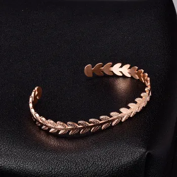 

Hongcheng Jewellery Tree Leaves Open Cuff Bracelet Trendy Simple Jewelery Titanium Plated Gold Bangle for Women All Match