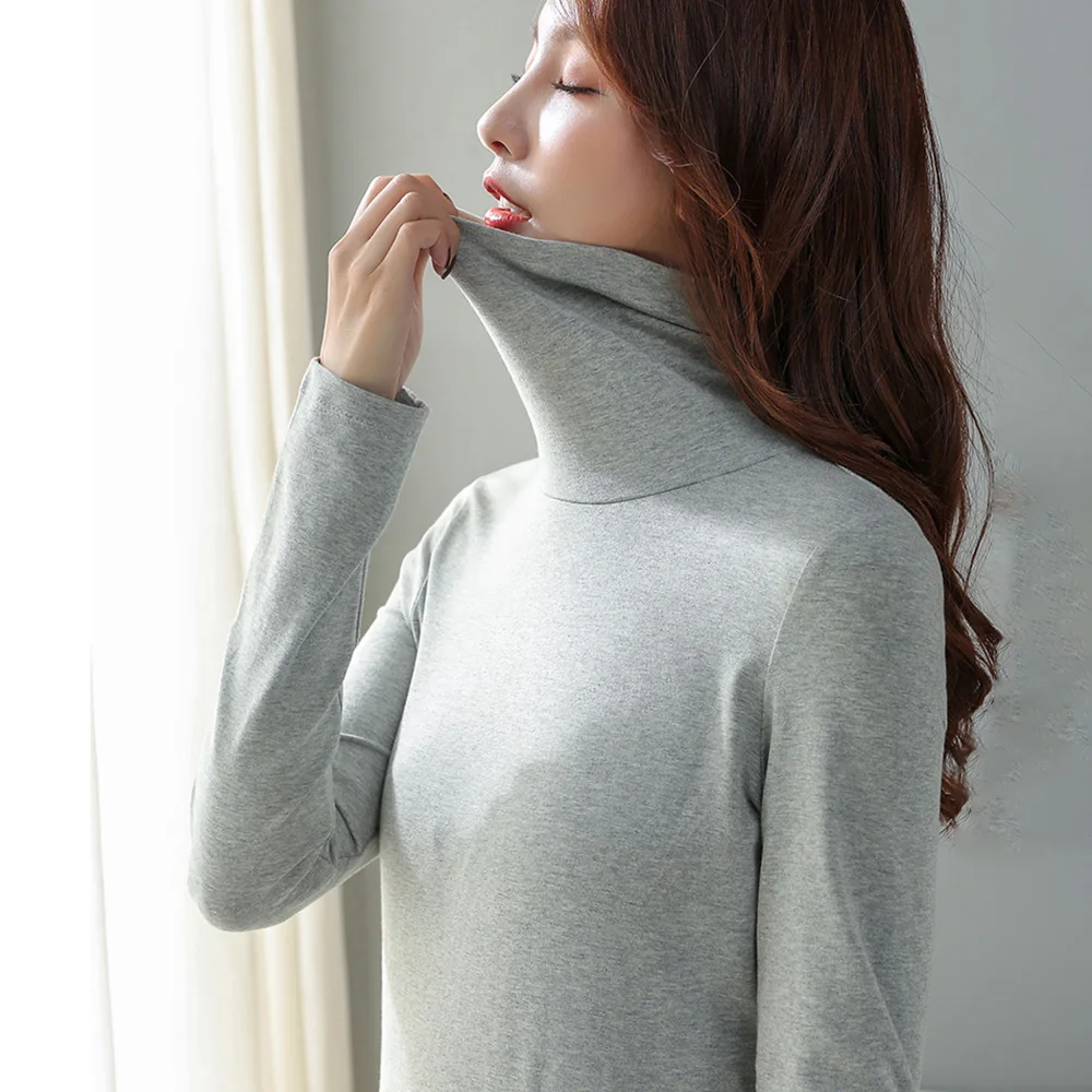 Women Cotton T-shirt Turtleneck Solid color Lady Tees Long Sleeve Women's clothing All match Female T-shirts For Winter & Autu
Women Cotton T-shirt Turtleneck Solid color Lady Tees Long Sleeve Women's clothing All match Female T-shirts For Winter & Autu