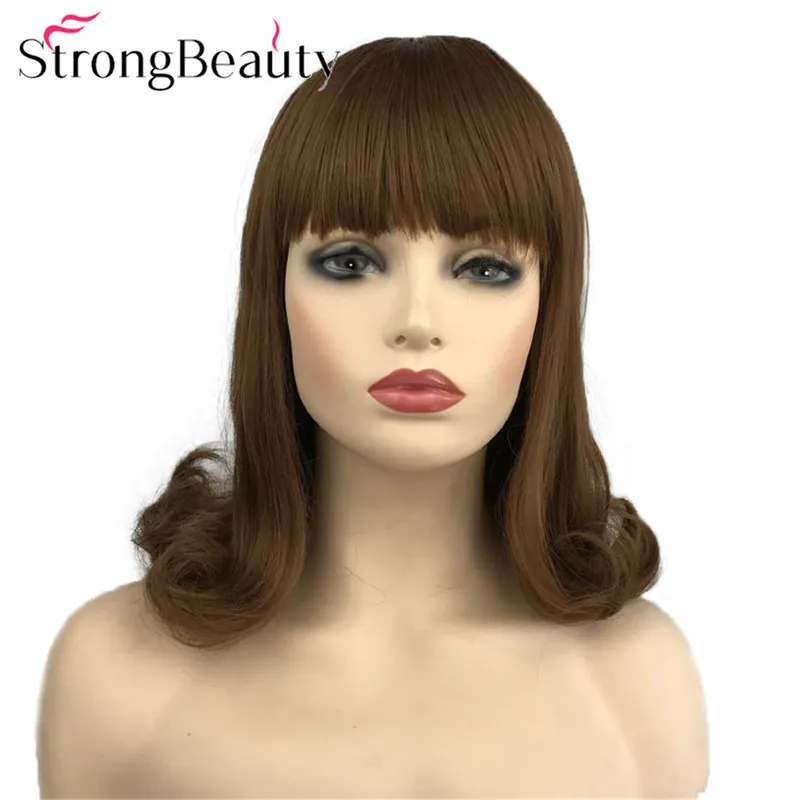 

StrongBeauty Long Curly Medium Auburn/Dark Brown Wig with Neat Bang Bob Haircut Women's Synthetic Wig