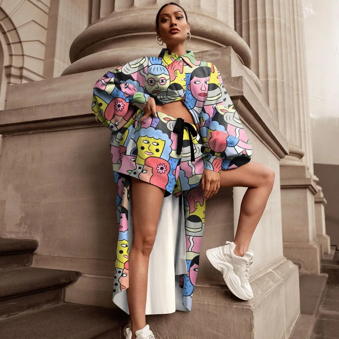 Street Fashion Women Long Shirt Sets Cartoon Print JKP4725