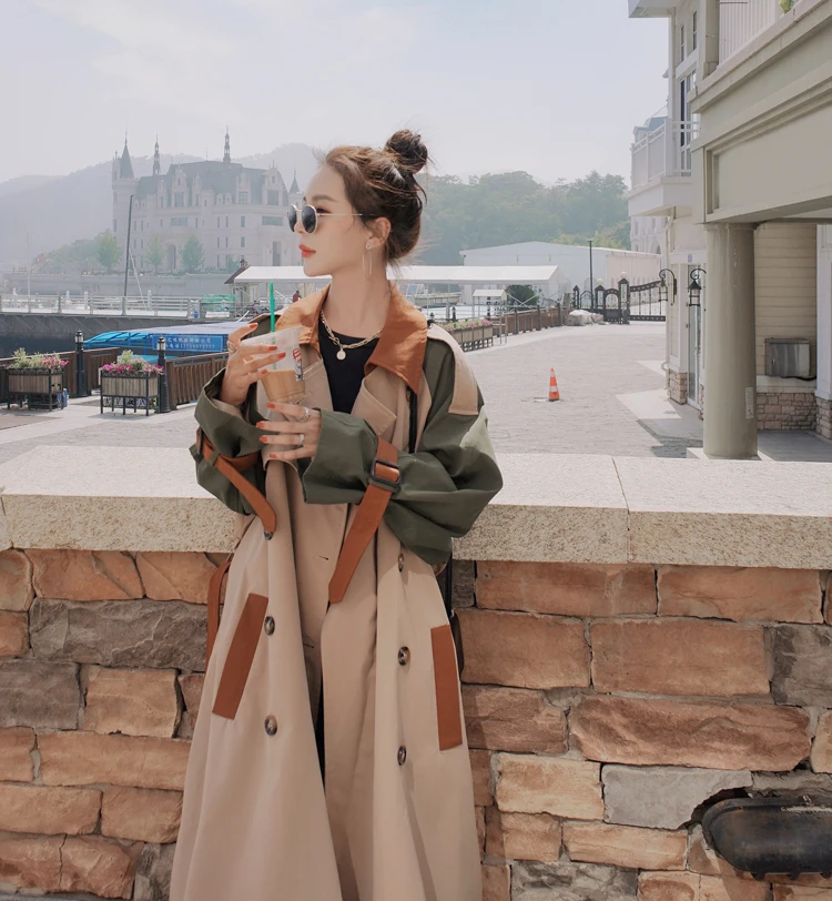 Brand New Fashion Womens Trench Coat Colorblock Long Double-Breasted with Belt Lady Windbreaker Spring Autumn Outerwear Clothes