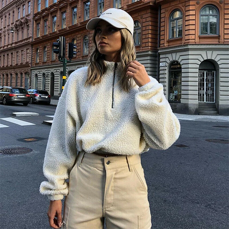2019 Fashion Harajuku Sweater Womens Winter Warm Fluffy Pullovers Jumper Winter Solid White Top Coat Zipper Sherpa Tops
2019 Fashion Harajuku Sweater Womens Winter Warm Fluffy Pullovers Jumper Winter Solid White Top Coat Zipper Sherpa Tops