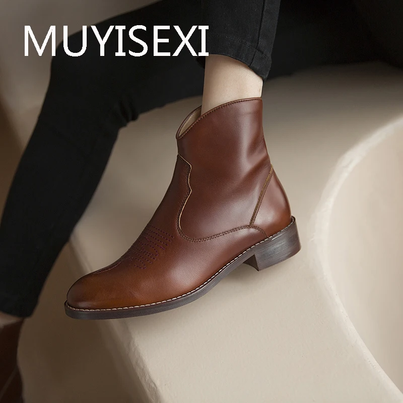 Genuine Leather Short Boots Black Zipper Low Heels Round Toe Concise Design Office Girl Chelsea Boots Brown MEI05 MUYISEXI
Genuine Leather Short Boots Black Zipper Low Heels Round Toe Concise Design Office Girl Chelsea Boots Brown MEI05 MUYISEXI