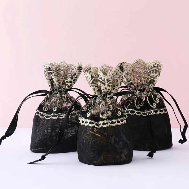 

6-50PCS Black Gold Flower Lace Bags 10x14cm black Jewelry Gift organza Bags Wedding Candy Drawstring Bag necklace packing bag