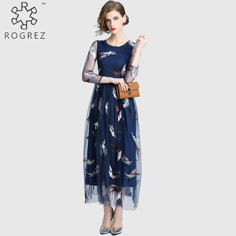 Фото ROGREZ Blue женское элегантное платье Vestido полупрозрачное Сетчатое с длинным рукавом