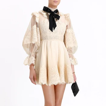 Vintage Ruffled Dress Lace Floral Polka Dot Party Dress Women Sweet Bow Lantern Sleeve Stand Collar Mini Mesh Dress Loose A270 
Vintage Ruffled Dress Lace Floral Polka Dot Party Dress Women Sweet Bow Lantern Sleeve Stand Collar Mini Mesh Dress Loose A270