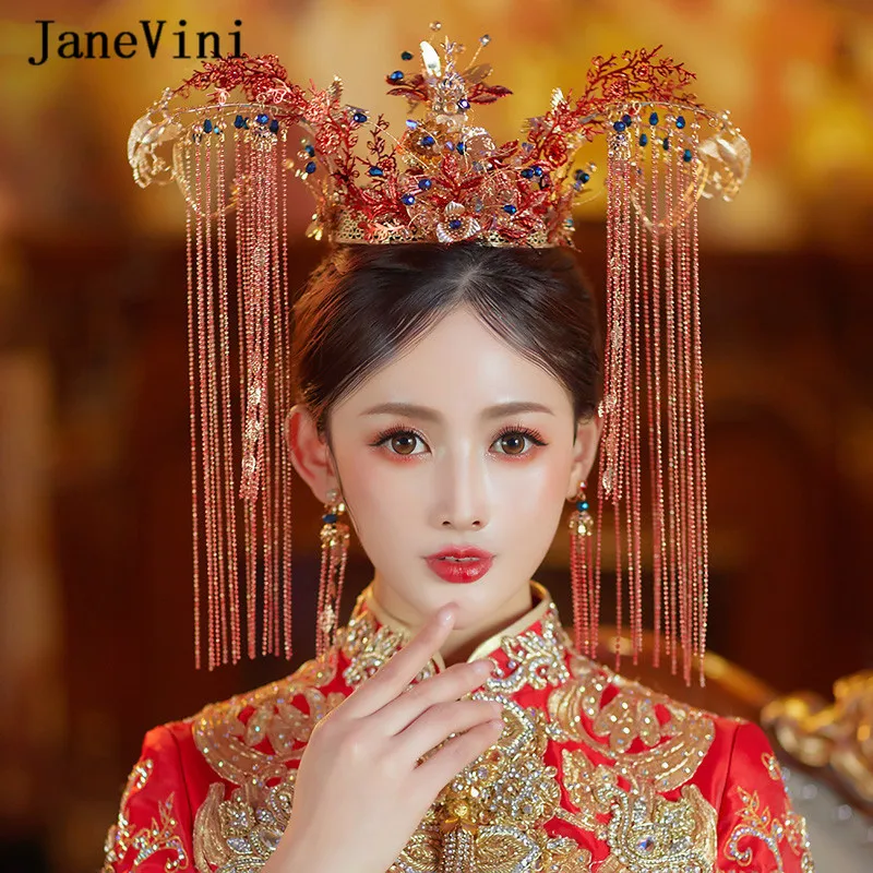 JaneVini Luxury Beaded Chinese Style Big Bridal Crowns with Earrings Handmade Red Headwear Long Tassels Wedding Hair Accessories
JaneVini Luxury Beaded Chinese Style Big Bridal Crowns with Earrings Handmade Red Headwear Long Tassels Wedding Hair Accessories