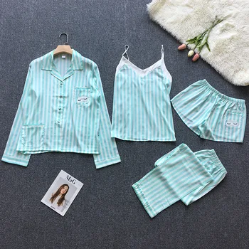 Casual Satin 4PCS Pajamas Suit Print Striped Sleepwear Nightwear Summer Women Pyjamas Sleep Set Silky Bathrobe Gown Home Clothes
Casual Satin 4PCS Pajamas Suit Print Striped Sleepwear Nightwear Summer Women Pyjamas Sleep Set Silky Bathrobe Gown Home Clothes
