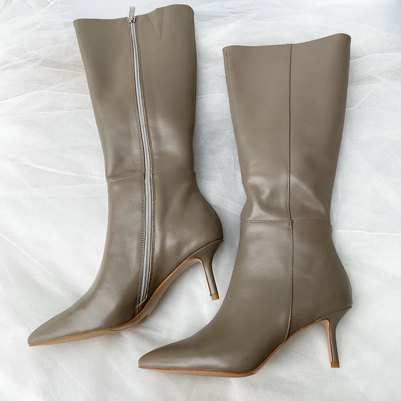 

Brown Cow Leather Pointed Toe Boots Women 6Cm Mid-Heel Side Zipper Knee High Boots Stiletto Heel Fashion Trimming Boots Hot Sale