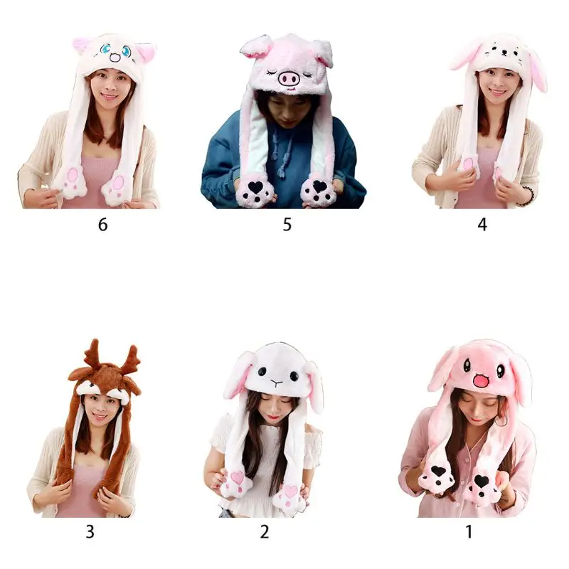 

Cute Bunny Deer Pig Animal Plush Hat Kawaii Airbag Moving Jumping Ears Funny Dance Toy Gift Earflap Cap with Paws for Adult Kids