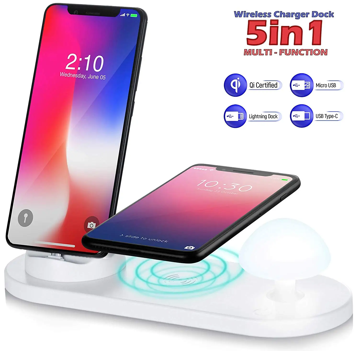 Qi Wireless Charger with Night Light for iPhone and Android 5 in 1 Wireless Charging Pad for Multiple Devices
Qi Wireless Charger with Night Light for iPhone and Android 5 in 1 Wireless Charging Pad for Multiple Devices