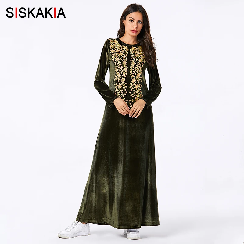 

Siskakia Chic Floral Embroidery Maxi Long Dress Brief Round Neck Long Sleeve Elegant Arabian Dresses Black Green Autumn Wears