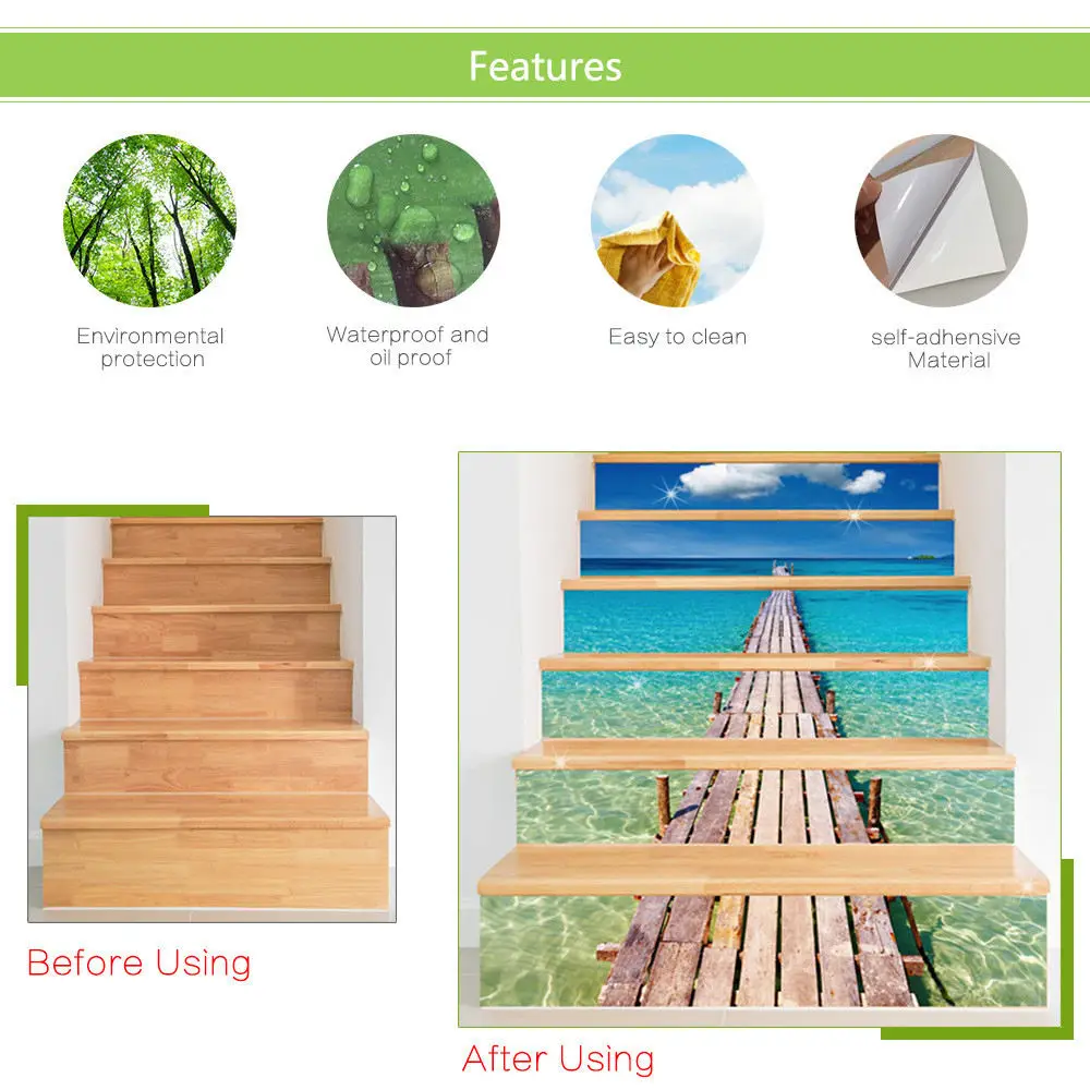 Description Picture 3 of item6 pcs/13pcs White Pattern Art Stairs Cover Stickers Peel & Stick Vinyl Staircase Mural Stair Riser Floor Sticker Wall Decal Home