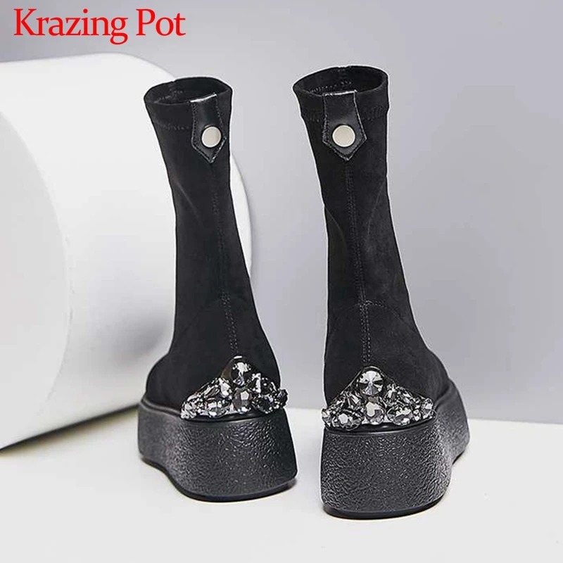 Krazing Pot soft stretch flock boots crystal studded round toe high heels thick bottom platform winter women mid-calf boots L58
Krazing Pot soft stretch flock boots crystal studded round toe high heels thick bottom platform winter women mid-calf boots L58