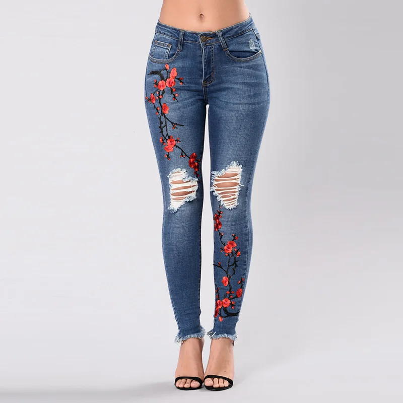 Stretch Embroidered Jeans For Women Elastic Flower Jeans Female Slim Denim Pants Hole Ripped Plum blossom Pattern Jeans Femme
Stretch Embroidered Jeans For Women Elastic Flower Jeans Female Slim Denim Pants Hole Ripped Plum blossom Pattern Jeans Femme