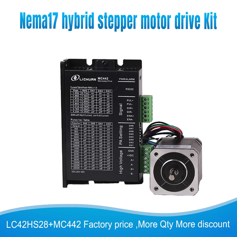 42mm 0.12N.M Nema17 Stepper Motor 42 motor Nema 17 step motor LC42HS28 + MC442 microstep drive kit 1.2A 4-lead for 3D printer
42mm 0.12N.M Nema17 Stepper Motor 42 motor Nema 17 step motor LC42HS28 + MC442 microstep drive kit 1.2A 4-lead for 3D printer