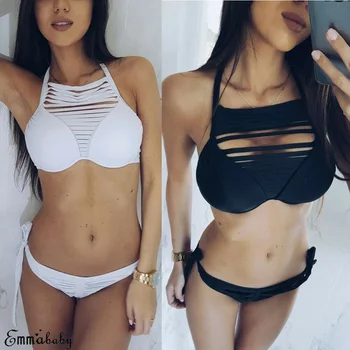 Women 2pcs Swimwear Bandage Bra Thong Bikini Set Solid Color Hollow Out Push-up Padded Bathing Sexy Swimsuit Biquini 
Women 2pcs Swimwear Bandage Bra Thong Bikini Set Solid Color Hollow Out Push-up Padded Bathing Sexy Swimsuit Biquini