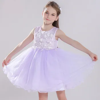 

Fancy Lavender Knee-length 3D Flower Girl Dress Kids Toddlers Lace Mesh Birthday First Communion Party Dresses Children Clothing