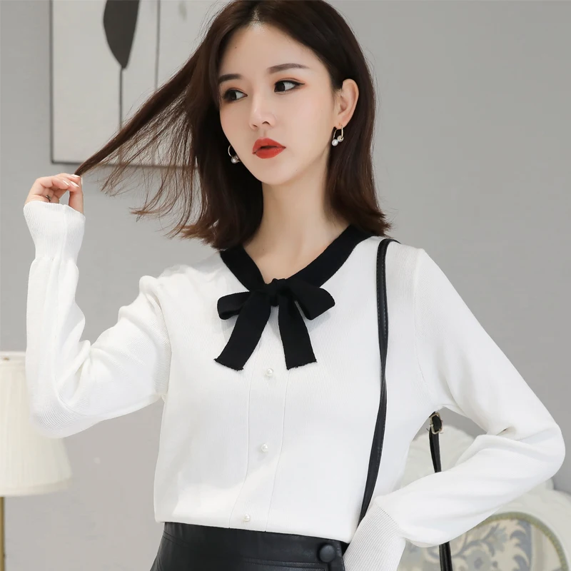 Women's Tops Knitted Korean Version Bow Collar Long Sleeve Casual Shirts Winter 2019 Autumn Temperament Knitted Sweater 11G
Women's Tops Knitted Korean Version Bow Collar Long Sleeve Casual Shirts Winter 2019 Autumn Temperament Knitted Sweater 11G
