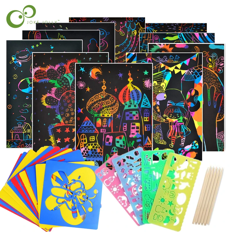 Magic Color Rainbow Scratch Art Paper Card Set with Graffiti Stencil for Drawing Stick DIY Art Painting Toy for Children GYH
Magic Color Rainbow Scratch Art Paper Card Set with Graffiti Stencil for Drawing Stick DIY Art Painting Toy for Children GYH