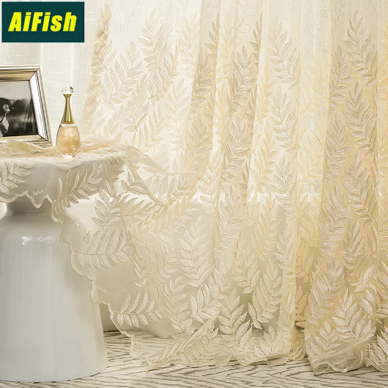 

Nordic Luxury Beige-Yellow Tulle Curtain for Living room Window Screen Fantasy Embossed Leaves Embroidered Sheer Curtain for Wedding Decorations Custom Voile Curtain for Bedroom Window Drapes Cortinas Rideau M178D3
