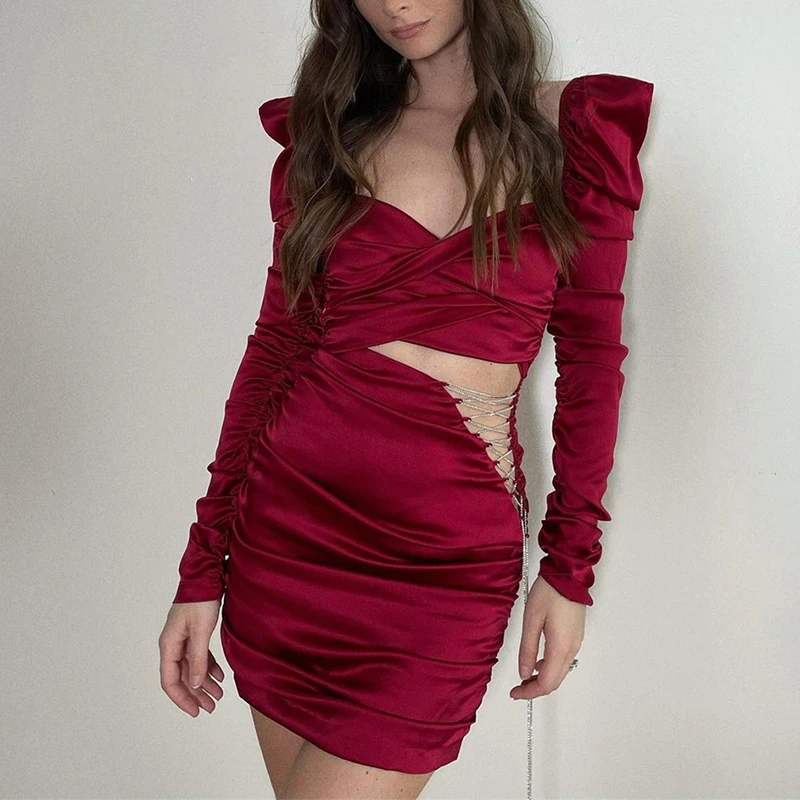 Women Club Party Bodycon Dress Lace Up Hollow Out Chain Long Sleeve Sexy Mini Ruched Dress
Women Club Party Bodycon Dress Lace Up Hollow Out Chain Long Sleeve Sexy Mini Ruched Dress