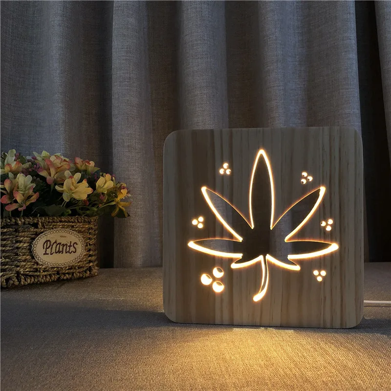 

Hemp Leaf Shape Solid Wood Led 3d Table Lamp Novelty Hollow Carved Night Light for Baby Sleep Lighting Bedroom Home Decoration