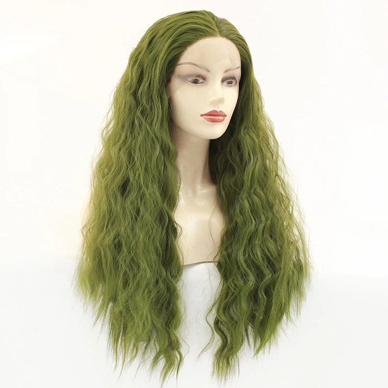 Fashion Glueless Long Grass Green Curly Wavy Lace Front Wig Heat Resistant Synthetic Wigs for Women Middle Parting 26inch Fashion Glueless Long Grass Green Curly Wavy Lace Front Wig Heat Resistant Synthetic Wigs for Women Middle Parting 26inch