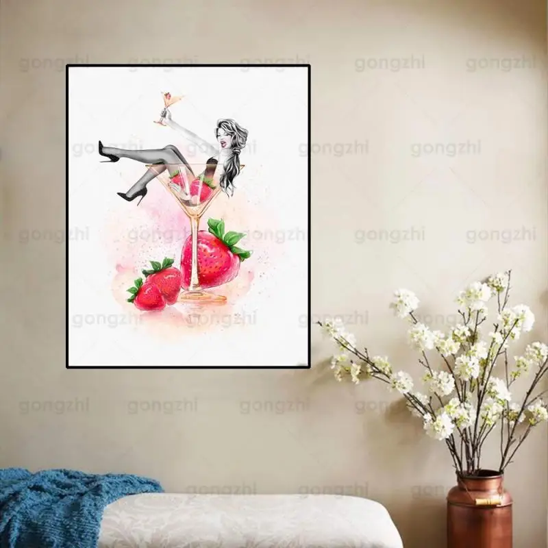 

Modern Nordic Minimalist Decoration Strawberry Girl In Red Wine Glass Cartoon Abstract Frameless Canvas Print Poster