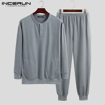 Autumn Men Pajamas Sets Solid Color Homewear Long Sleeve Nightwear Tops Elastic Waist Pants Leisure Mens Sleepwear Sets INCERUN
Autumn Men Pajamas Sets Solid Color Homewear Long Sleeve Nightwear Tops Elastic Waist Pants Leisure Mens Sleepwear Sets INCERUN